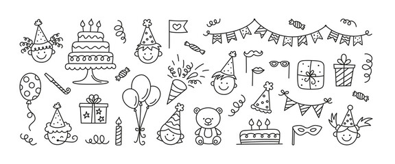 Set of Happy Birthday doodles. Sketch of party decoration, funny smily children face, gift box and cute cake with candles. Children drawing. Hand drawn vector illustration isolated on white background