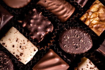 Swiss chocolates in gift box, various luxury pralines made of dark and milk organic chocolate in...