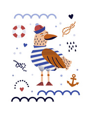 Vector illustration. Poster on the marine theme. Seagull in a sailor's hat, anchor. Rope and lifebuoy. Pastel shades. For the interior. Wall design.