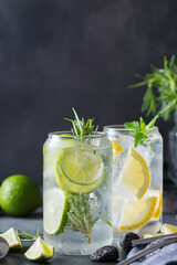 Hard seltzer cocktails with lime and lemon and bartenders accessories