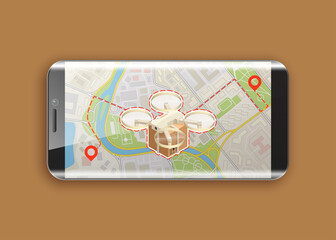 Drone delivery box near screen phone tablet display. copter carrying package cargo to customer. Autonomous or wireless remoted flying drone. Vector 3d isometric
