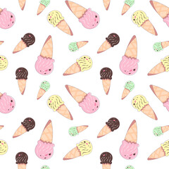 Seamless pattern with multicolored ice creams in waffle cones. Vector illustration on white background in cartoon style with stroke