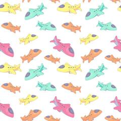 Seamless pattern with multicolored airplanes on a white background. Vector endless texture with design elements in cartoon style with stroke