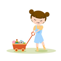 A little girl in denim overalls and two bunches on her head smiles and carries a cart with her toys. Vector illustration.