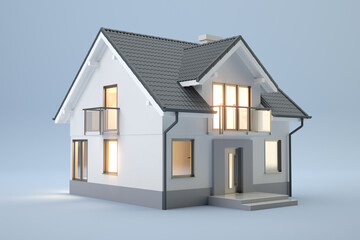 3D small house on blue background. 3D illustration - obrazy, fototapety, plakaty