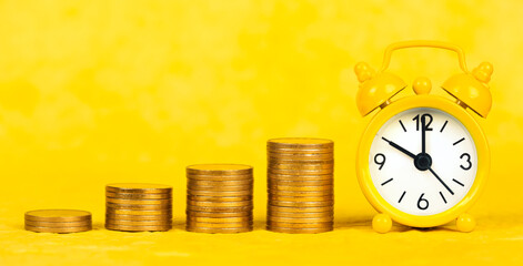 Growing money coin stacks with clock, passive income, financial success concept. Yellow web banner.