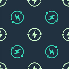 Green and beige Recharging icon isolated seamless pattern on blue background. Electric energy sign. Vector