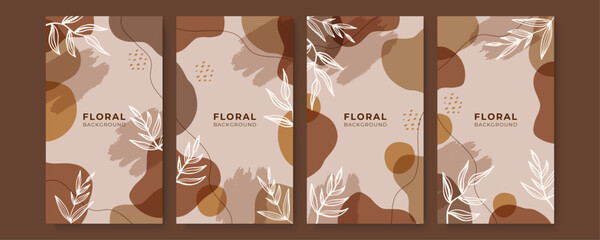 Vector set of abstract floral blob brush organic Scandinavian boho bohemian beige creative backgrounds in minimal trendy style with copy space for text - design templates for social media stories