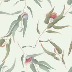 Schilderijen op glas Foliage seamless pattern, green eucalyptus leaves and flowers on bright green © momosama