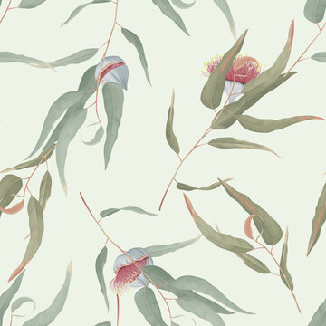 Foliage seamless pattern, green eucalyptus leaves and flowers on bright green