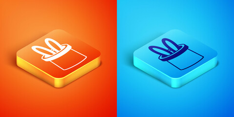 Isometric Magician hat and rabbit ears icon isolated on orange and blue background. Magic trick. Mystery entertainment concept. Vector