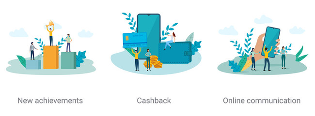 Obraz premium New achievements, Cashback,Online communication.A set of vector illustrations on the topic of business.Abstract illustrations.