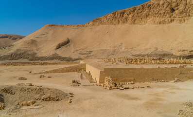 Landscapes and ruins around the Mortuary Temple of Queen Hatshepsut in Luxor, Egypt