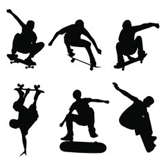Skateboarders. Skaters. Six silhouettes of skateboarders. The shadows of the skaters. Skaters perform tricks © Антон Чех