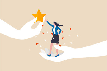 Employee success recognition, encourage and motivate best performance, cheering or honor on success or achievement concept, winning confidence businesswoman standing on big hand getting star reward.