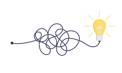 Complex easy simple way from start to idea. Chaos simplifying, problem solving and business solutions idea searching concept vector illustration. Hand drawn doodle scribble chaos lines and light bulb. - obrazy, fototapety, plakaty