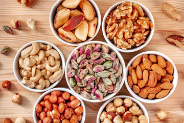 Nuts close-up shot with pistachios, cashews, walnuts and many others, top shot