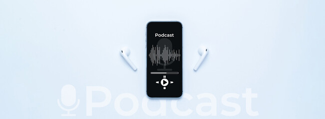 Podcast audio equipment. Audio microphone, sound headphones, podcast application on mobile...