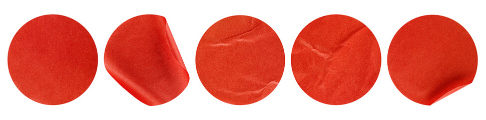 five red round stickers on white isolated background