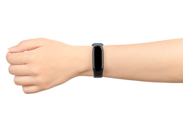 smart watch on female hand on white isolated background