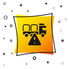Black Stop delivery cargo truck vehicle icon isolated on white background. Yellow square button. Vector