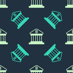 Green and beige Bank building icon isolated seamless pattern on blue background. Vector