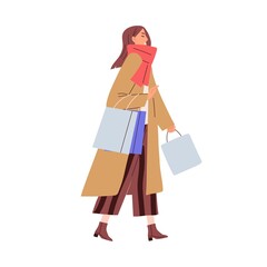 Happy smiling woman walking with bags in hands after good successful shopping. Young modern female going with purchases. Colored flat vector illustration of shopaholic isolated on white background