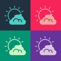 Pop art Sun and cloud weather icon isolated on color background. Vector