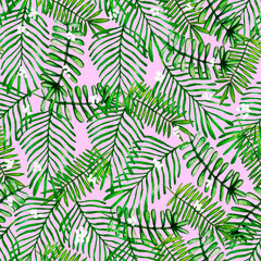 Watercolor hand drawn different leaves pattern, palm leaves pattern