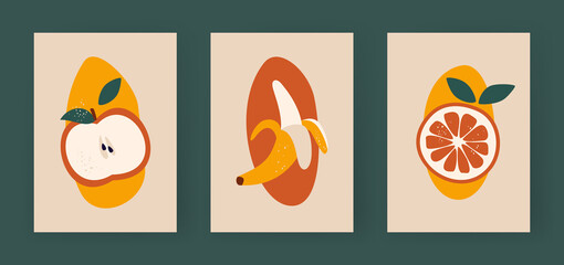 Abstract halves of fruits. Minimalistic apple with leaves. Yellow banana half peeled. Ripe slice of vintage orange. Summer card trio for posters and natural eco advertising. Vector flat template