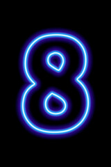 Neon blue number 8 on black background. Serial number, price, place