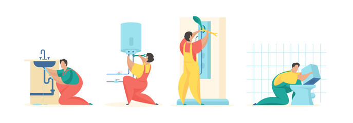 Plumbing repair equipment and pipes. Uniformed men fix kitchen faucet and turn boiler. Installation of toilet with shower. Professional services and plumbing internally. Vector flat illustration set