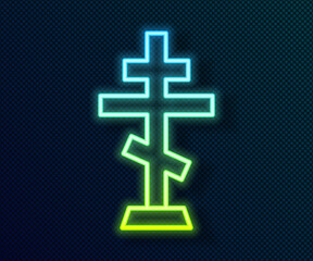 Obraz premium Glowing neon line Christian cross icon isolated on black background. Church cross. Vector