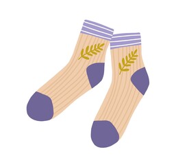 Pair of cotton socks. Trendy wool feet apparel. Casual foot garment. Handmade knitted warm item for legs. Flat vector illustration isolated on white background