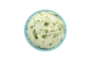 Bowl of mashed potatoes isolated on white background