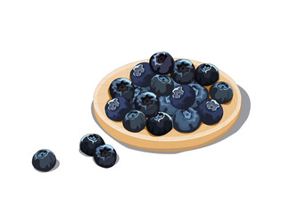 Blueberries on wooden plate. Isolated blueberries on white background. Close up fruits vector drawing. Organic fresh fruits.   
