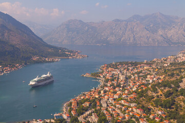 View of the city of Kotor from a high point on a sunny summer day. Montenegro 