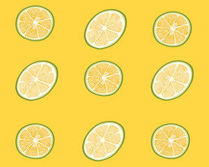 Seamless pattern of sliced lemon on yellow background. Food and drink decoration. Close up lime vector on white. Realistic food ingredient vector drawing.   