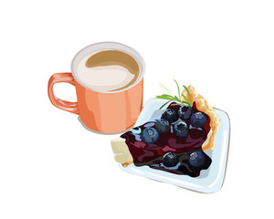 Isolated plate of blueberry cheese cake and hot coffee cup on white background. Bakery and cake hand drawing vector illustration. Close up object. Realistic food and dessert vector drawing.
