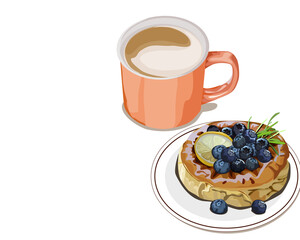 Isolated blueberry Japanese chiffon cake on a wooden plate and hot coffee cup. Bakery and cake hand drawing vector illustration. Close up object. Realistic food and dessert vector drawing.
