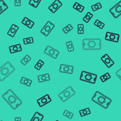 Black line Smartphone, mobile phone with security shield icon isolated seamless pattern on green background. Security, safety, protection concept. Vector