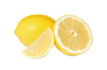 Fresh ripe juicy lemons on white background