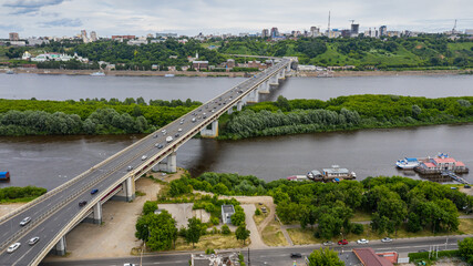 Nizhny Novgorod. Oka River. View of the Metro bridge. Aerial view.