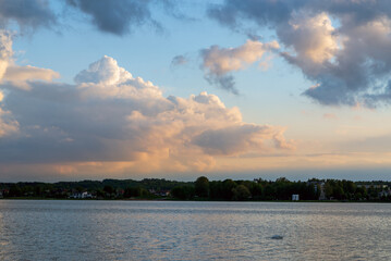 Landscape, sunset, evening summer old town near lake, old houses.Urban nice shot.