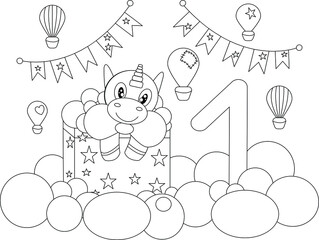 Unicorn coloring book birthday vector isolated object on white background