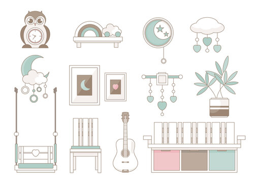 Children's playroom with decor and toys on white background. Icon Collection