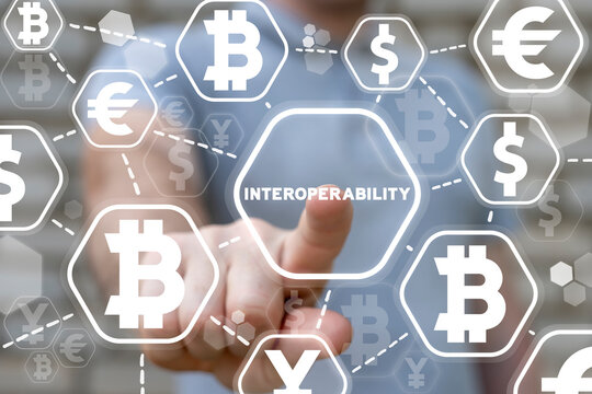 Finance and business concept of interoperability. Communication, interaction, inter operability cryptocurrencies and old traditional currencies.