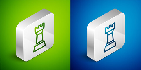 Isometric line Chess icon isolated on green and blue background. Business strategy. Game, management, finance. Silver square button. Vector