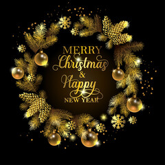 Gold Christmas emblem, a frame of branches of a Christmas tree, golden balls and golden snowflakes on a black background.