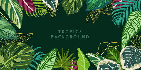 Obraz premium Vector illustration in simple flat style with copy space for text - background with plants and leaves - backdrop for greeting cards, posters, banners and placards